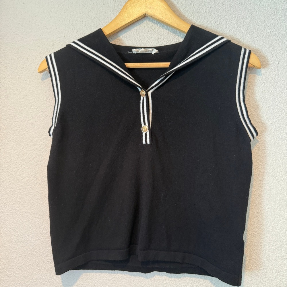 La Vila Milano Black Sailor Collar Knit Vest Top Gold Buttons Small
